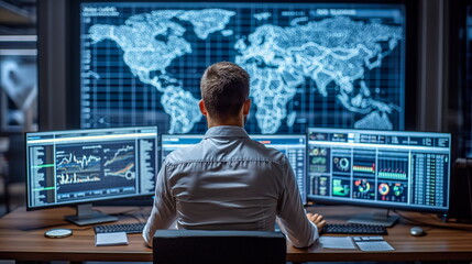 Man working in a control room with multiple computer screens showing data and a world map.