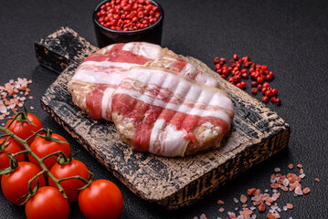 Round minced chicken or pork cutlet wrapped in bacon with salt, spices and herbs