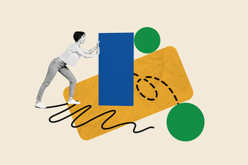 Horizontal creative photo collage banner black white gamma young lady pushing column success progress graphic achievement startup goal