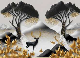 modern painting of 3 swamp deer in forest.the texture of the oriental style of gray and gold canvas...