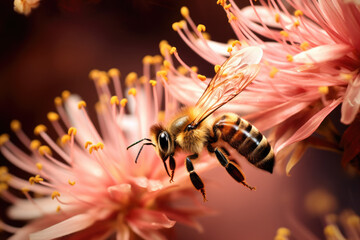 Closeup of a busy bee hovering over a beautiful flower, pollinating and collecting nectar - obrazy, fototapety, plakaty