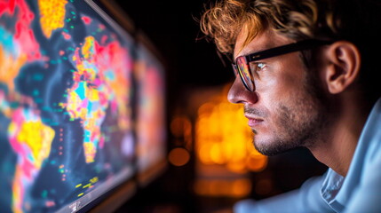 Focused man examining a colorful heatmap on multiple computer monitors in a dark room.