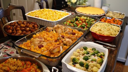 Obraz premium Thanksgiving dinner spread on kitchen counter. Festive food concept.