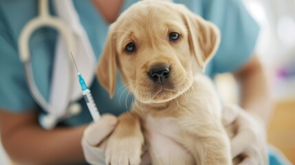 Puppy being gently vaccinated at a veterinary clinic. Veterinary professional administering a vaccine to a fluffy puppy. - obrazy, fototapety, plakaty