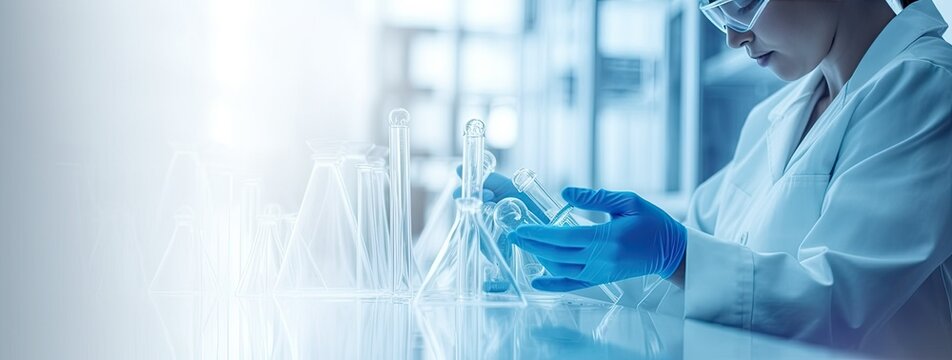 Medical science laboratory concept and researcher in gloves preparing scientific samples with test tubes and flasks