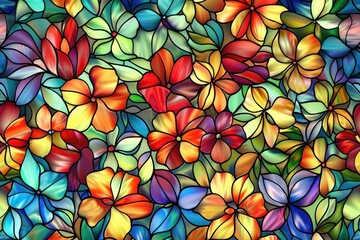 Stained glass window design with colorful floral pattern.