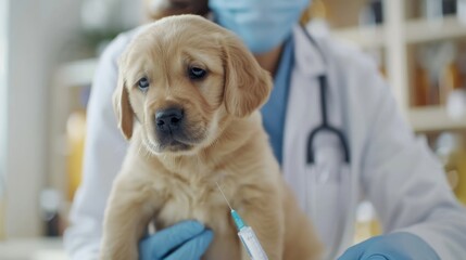 Compassionate health care for a young dog with a vaccination. Puppy being gently vaccinated at a veterinary clinic. Pet healthcare and immunization concept for veterinary services, pet care education
