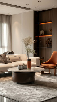 Discover the intricate textures and exquisite craftsmanship in this stunning modern minimalist living room. AI generative.