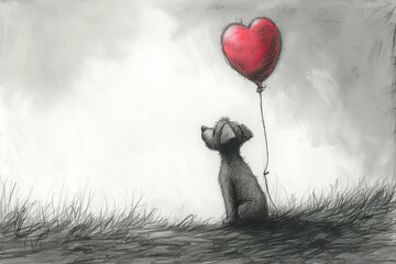 Black and white sketch of a dog with a heart balloon symbolizing love and valentine. Tender illustration of a cute dog and a heart balloon capturing the essence of affection.