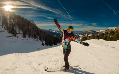 Woman Enjoying Winter Mountains View, Dolomites, Italy