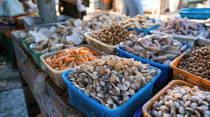 Assorted shellfish for sale at a seafood market.