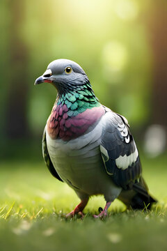 An ordinary pigeon standing on green grass