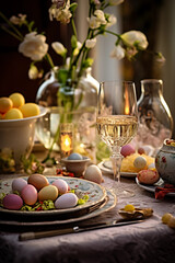 Fototapeta na wymiar Easter appetizer food table background. Easter dinner, eggs, flowers backdrop. Happy Easter celebrating