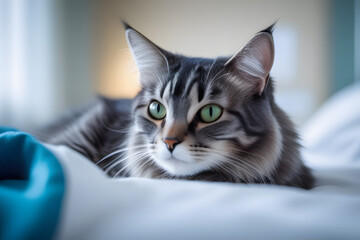 Fototapeta premium A Cat With Green Eyes Laying on a Bed