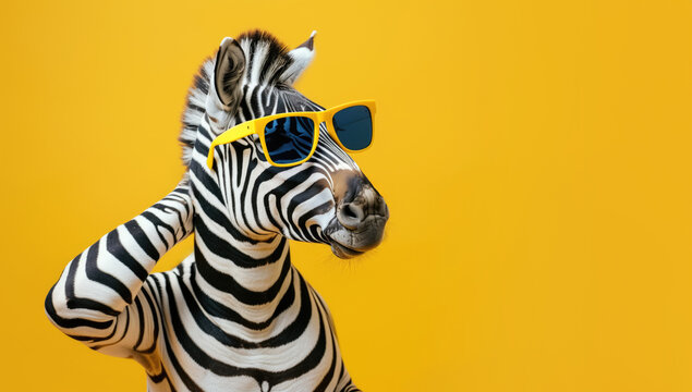 Puzzled trendy zebra in bright summer sunglasses scratching its head in thought. On solid yellow background with copy-space