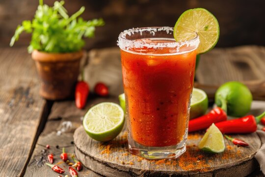Bloody Mary cocktail with salted rim and lime wedge on rustic wooden background.