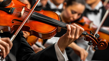 close up of hands of a violinist playing violin in a symphony orchestra - classical music and symphony orchestra concept