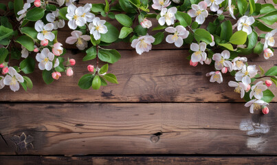 Naklejka na ściany i meble Spring apple blossoms flowering branch on wooden background,Copy space