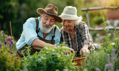 Elderly senior couple harvesting herbs in garden during summer - obrazy, fototapety, plakaty
