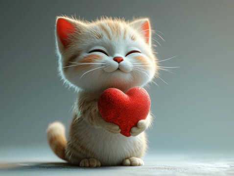 Lovely 3D illustration of a white cat holding a red heart on a white background. Congratulation gesture. AI generative.