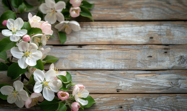 Spring apple blossoms flowering branch on wooden background,Copy space