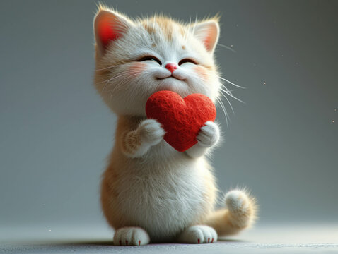 Sweet white cat holding a big red heart symbolizing love and affection. Congratulation gesture. AI generative.