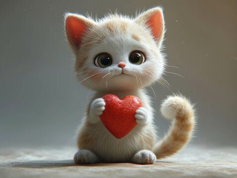 A cute white cat holding a big red Valentine's heart on a white background. Congratulation gesture. AI generative.