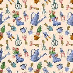 Seamless square pattern with garden tools and spring flowers on a light background.