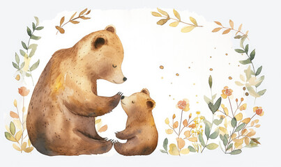 Mom and baby bear and leaves and flowers; can be used for cards or baby shower or mother's day posters; watercolor hand draw illustration; transparent background - obrazy, fototapety, plakaty