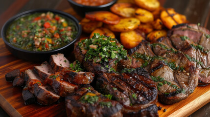 A platter of orted churrasco meats including succulent lamb chops and juicy sirloin steak accompanied by a zingy chimichurri sauce and crispy fried plantains. - obrazy, fototapety, plakaty
