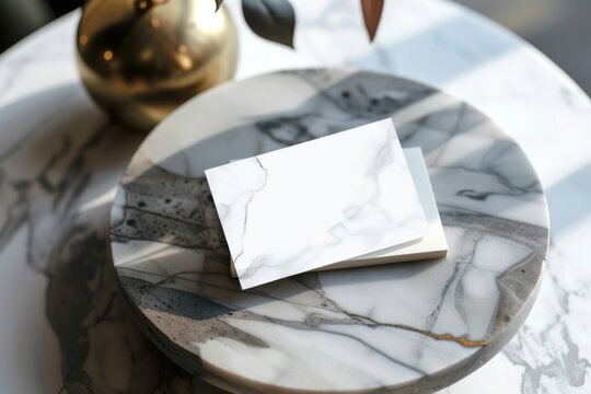 Stack of business cards on marble plate with natural sunlight and artistic shadows.