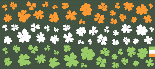 St. Patrick's Day poster with clover leaves. Background for website, banner, party poster. Irish flag, pattern, symbol, 3 colors, green background