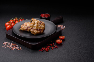 Round minced chicken or pork cutlet wrapped in bacon with salt, spices and herbs