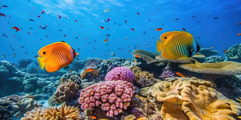 Fototapeta na wymiar Colorful tropical fishes swimming in coral reef