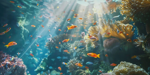 Colorful tropical fishes swimming in coral reef with sunlight