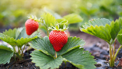 Red strawberry plants blossoming under sunlight, symbolizing growth, vitality, and the beauty of nature