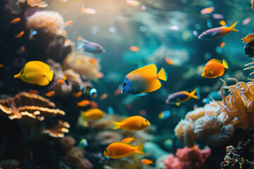 Naklejka na ściany i meble Colorful tropical fishes swimming in coral reef