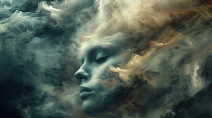 Ethereal cloud head exuding melancholy - obrazy, fototapety, plakaty