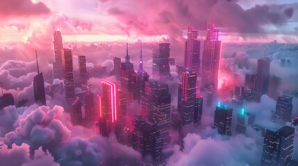Floating Dreams Design a dreamlike 3D render of an otherworldly cityscape where neon lit buildings seem to defy gravity set against a backdrop of billowing clouds