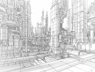 Futuristic cityscape composed of intricate wireframe structures set against a backdrop of a bustling metropolis.
