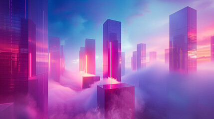 Modern architecture bathed in neon lights pierces through a soft cloud.