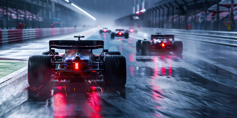 F1 Race Cars racing in the rain formula One