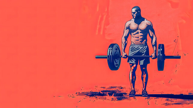 A bodybuilder is lifting a barbell in electric blue paint on a red background, copy space