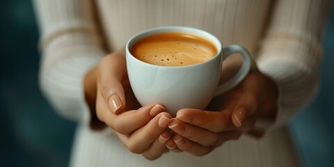 Cup of coffee in woman's hands. A model is holding a cup of coffee, facing the camera in a colorful studio environment.