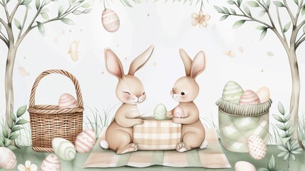 Cute easter bunny, set of rabbit painting an easter egg. Hand painting isolated illustration for design. Cute farm animals
 - obrazy, fototapety, plakaty