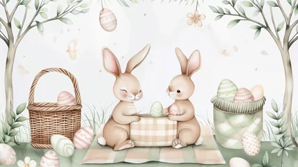 Foto op Aluminium Cute easter bunny, set of rabbit painting an easter egg. Hand painting isolated illustration for design. Cute farm animals  © Werckmeister