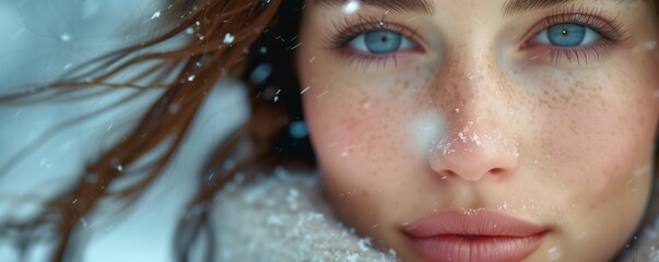 Skincare Model. Make up model closeup photography. Beauty model photography in snowy weather. Winter Skincare model.