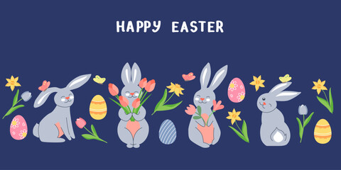 Happy Easter banner with cute spring bunny and flowers. Easter cartoon rabbits on blue background.