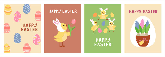 Cute Easter cards set. Spring characters and elements on a colored background. Funny chickens, Easter eggs, spring flowers in cartoon style.