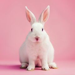 Easter white rabbit, isolated on pink background